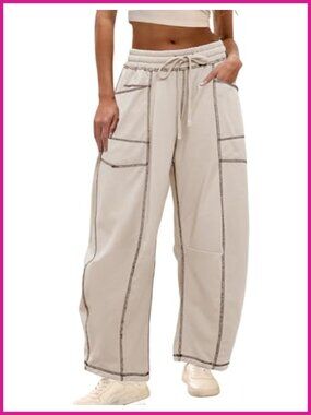Wide Leg Barrel Sweatpants Drawstring Lounge Pants Cotton Blend